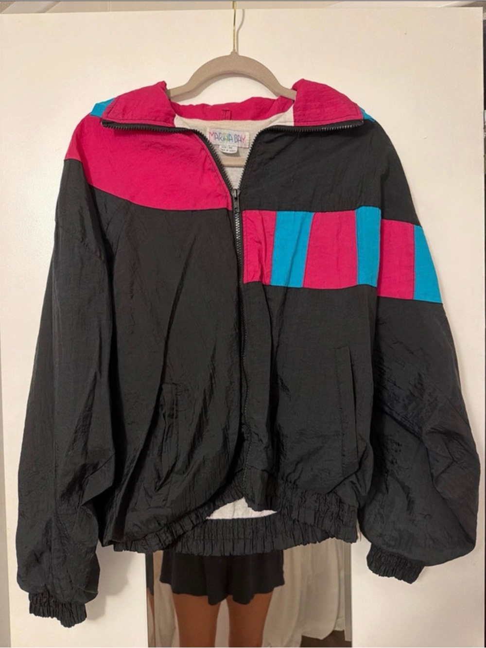 MARINA Black Bomber Jacket with Pink & Teal Colorblock